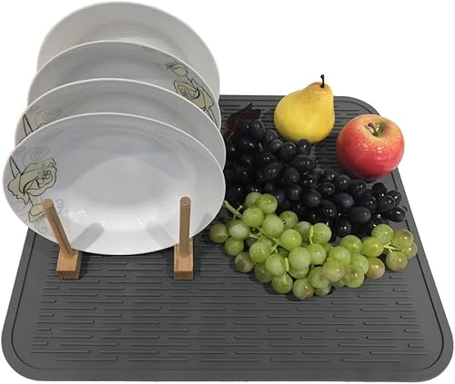 Miniatura 6 de Juego de 2 alfombrillas de silicona extra grandes resistentes al calor de 18 x 16 pulgadas, juego de 2 alfombrillas para secar platos, estante para