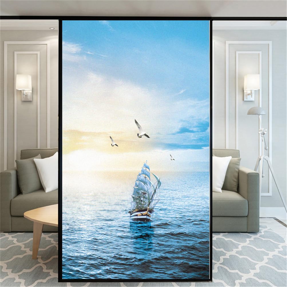 Xijier No Glue Decorative Privacy Frosted Window Film Beautiful Sea Glass Door Window Decals Window Sticker 60x200cm(23.6