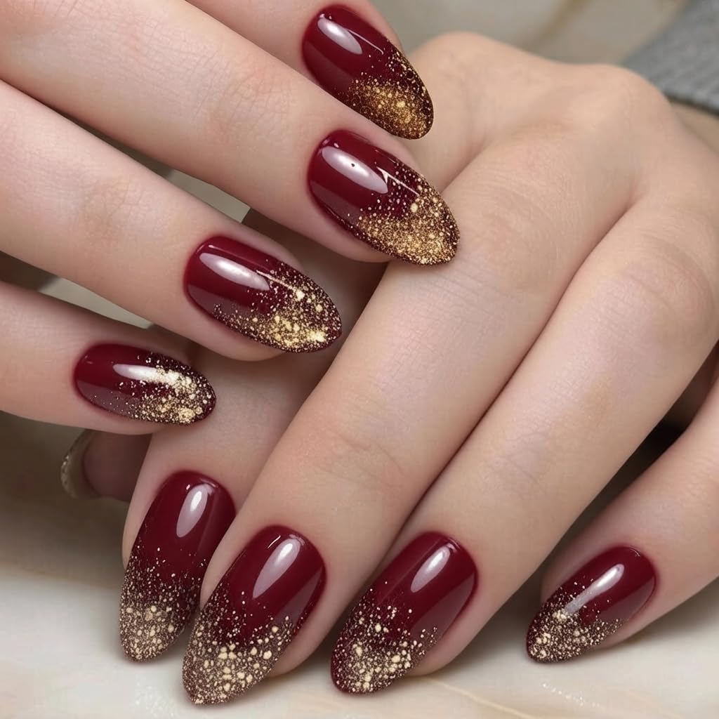 Glossy Red with Golden Glitter Artificial Nails 12 pcs with nails kit-picture-21