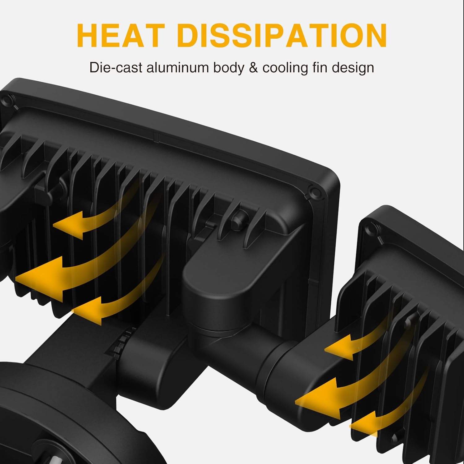 Diagram illustrating heat dissipation through the cooling fins of the flood light