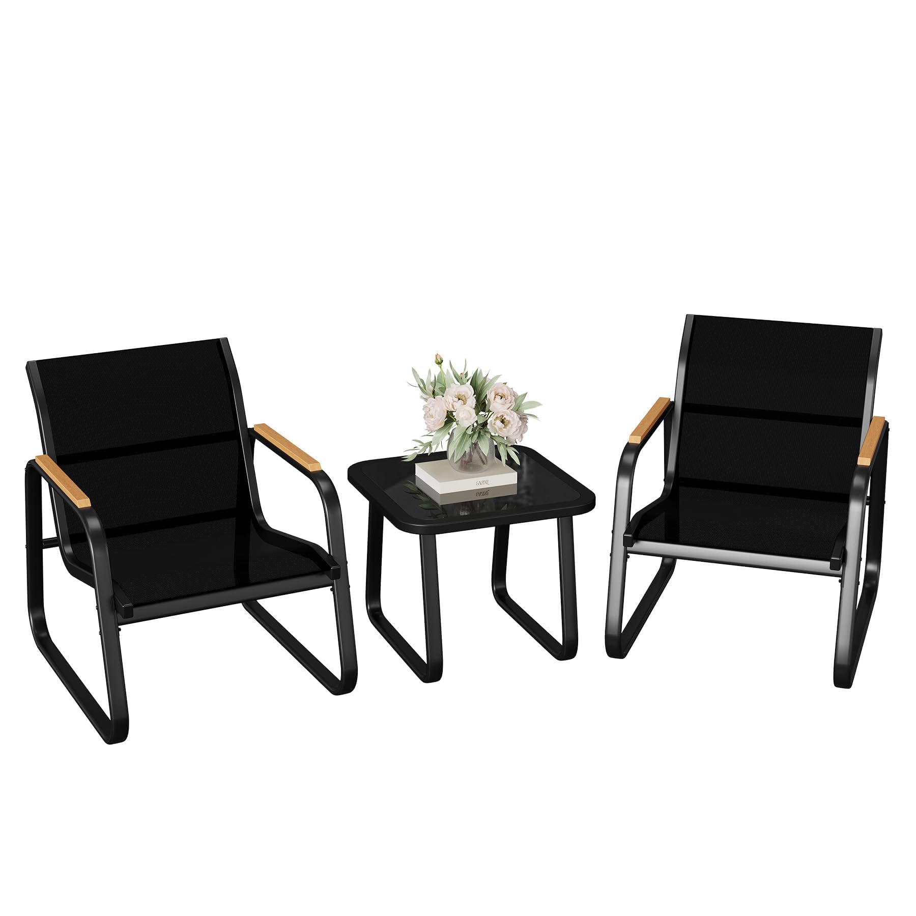 Garvee 3-teiliges Balkonmöbel Set für 2 Personen, moderne Gartenmöbel Sitzgruppe mit Stahlrahmen, Glastisch und Armlehnen in Holzoptik, pflegeleichtes Lounge Set für Balkon,Terrasse und Garten,Schwarz