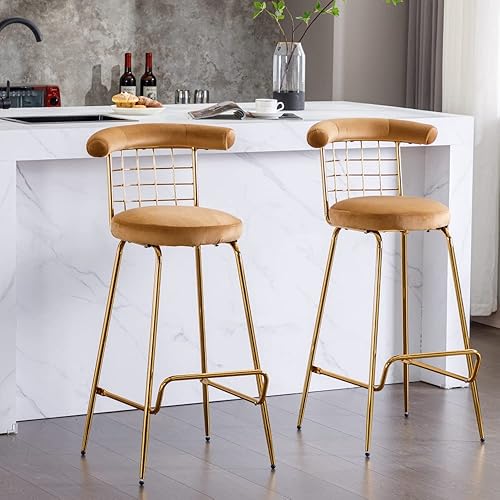 Juego de 2 taburetes altos de terciopelo de lujo con patas de metal y respaldo suave, sillas modernas de comedor sin brazos, taburetes de bar para