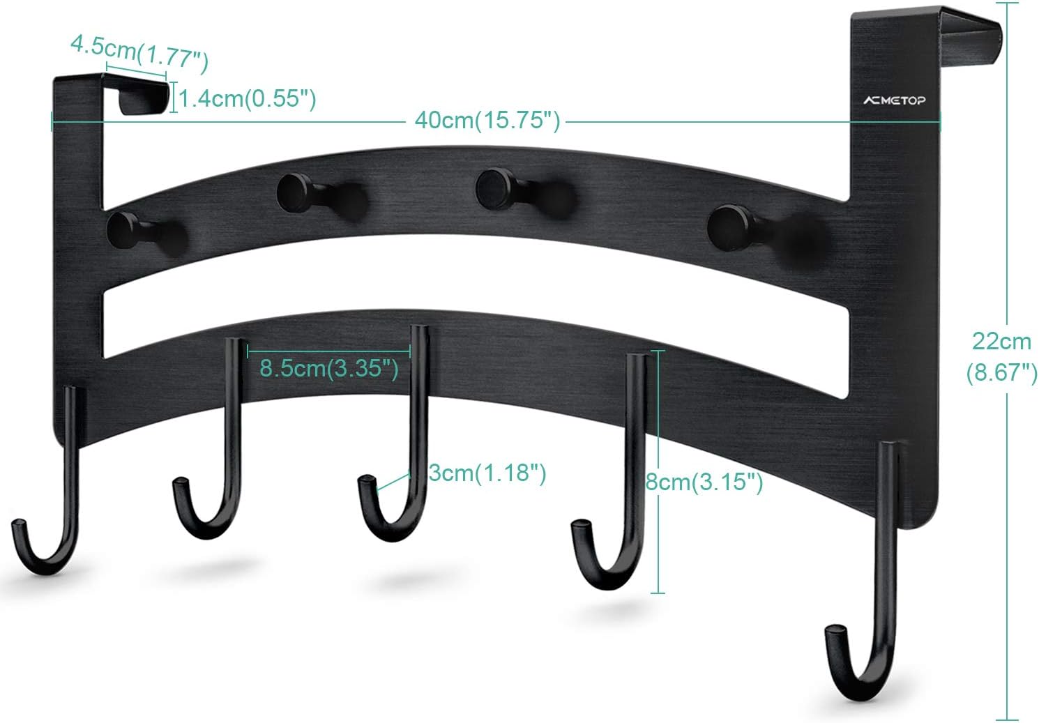 ACMETOP Over The Door Hook Hanger, Heavy-Duty 9 Hook Organizer Rack for Coat, Towel, Bag, Robe, Aluminum, Brush Finish (Black)