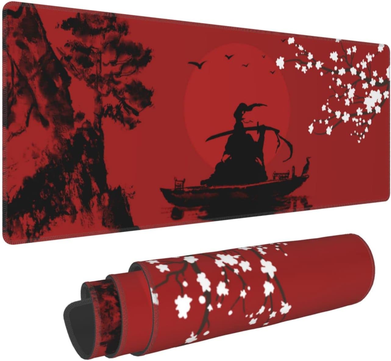 Japanese Cherry Blossom Samurai Black Red Gaming Mouse Pad 31.5 × 11.8 × 0.12 Inch Extra Large Keyboard Mouse Mat XL Non-Slip Rubber Base Personalized Desk Pad for Home Computer Office Laptop