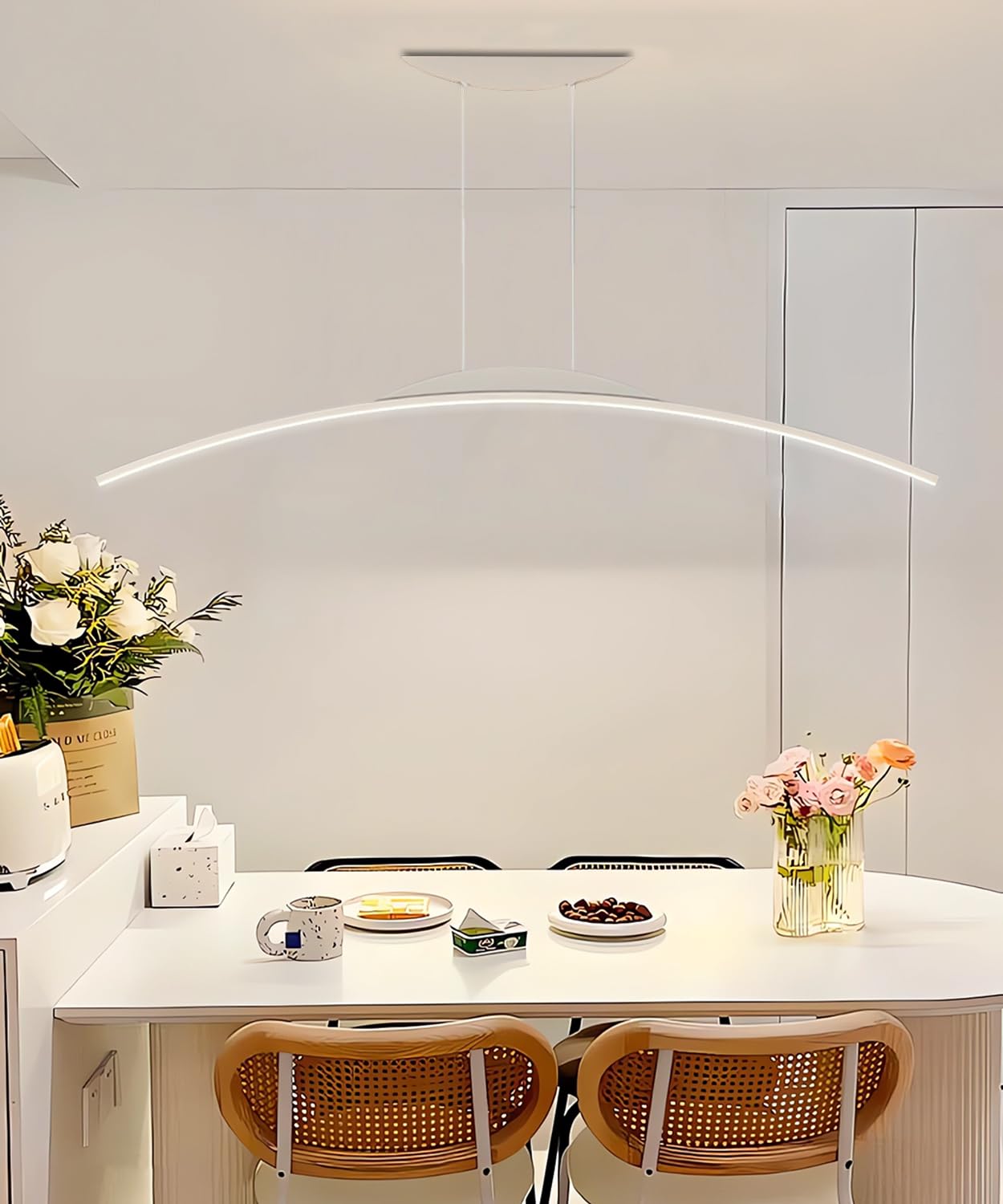 Modern LED Pendant Lamp 100cm Curved Pendant Light Dimmable Hanging Light with Remote Control Height Adjustable Dining Hanging Light White Acrylic Lighting for Kitchen Bar Office (White, 150cm)