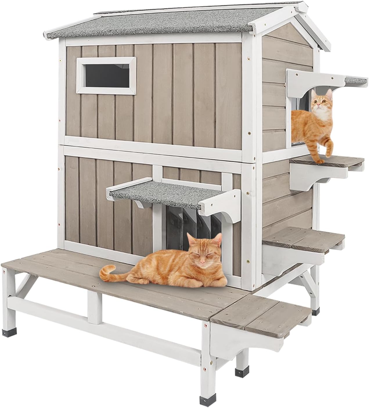Cat Houses for Outdoor Cats, Wooden Two Story Cat House Weatherproof with 3 Jumping Platforms, 3 Doors, Balcony, Indoor Feral Cat Shelter with Openable Roof for Small Animals, Grey