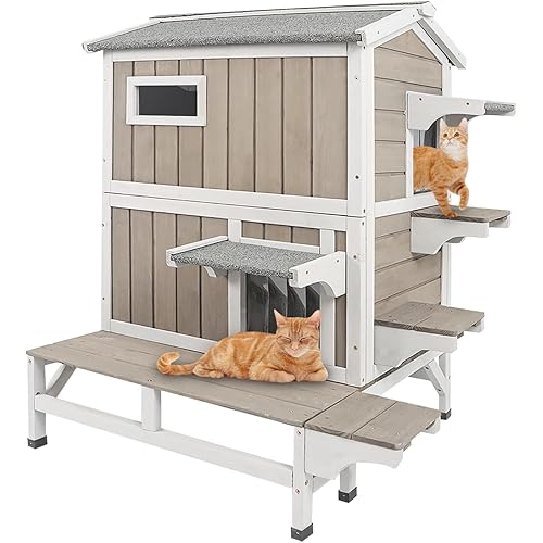 Cat Houses for Outdoor Cats, Wooden Two Story Cat House Weatherproof with 3 Jumping Platforms, 3 Doors, Balcony, Indoor Feral Cat Shelter with Openable Roof for Small Animals, Grey