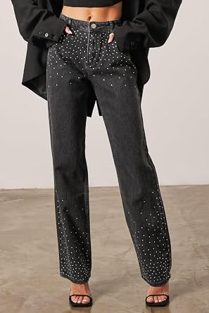 Kedera Womens High Waisted Rhinestone Jeans Straight Wide Leg Bling Denim Pants