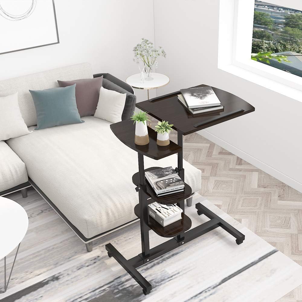 BOJU Adjustable Mobile Laptop PC Table Desk Overbed Sofa on Wheels for Couch Small Rolling Side Table Cart with Storage Black