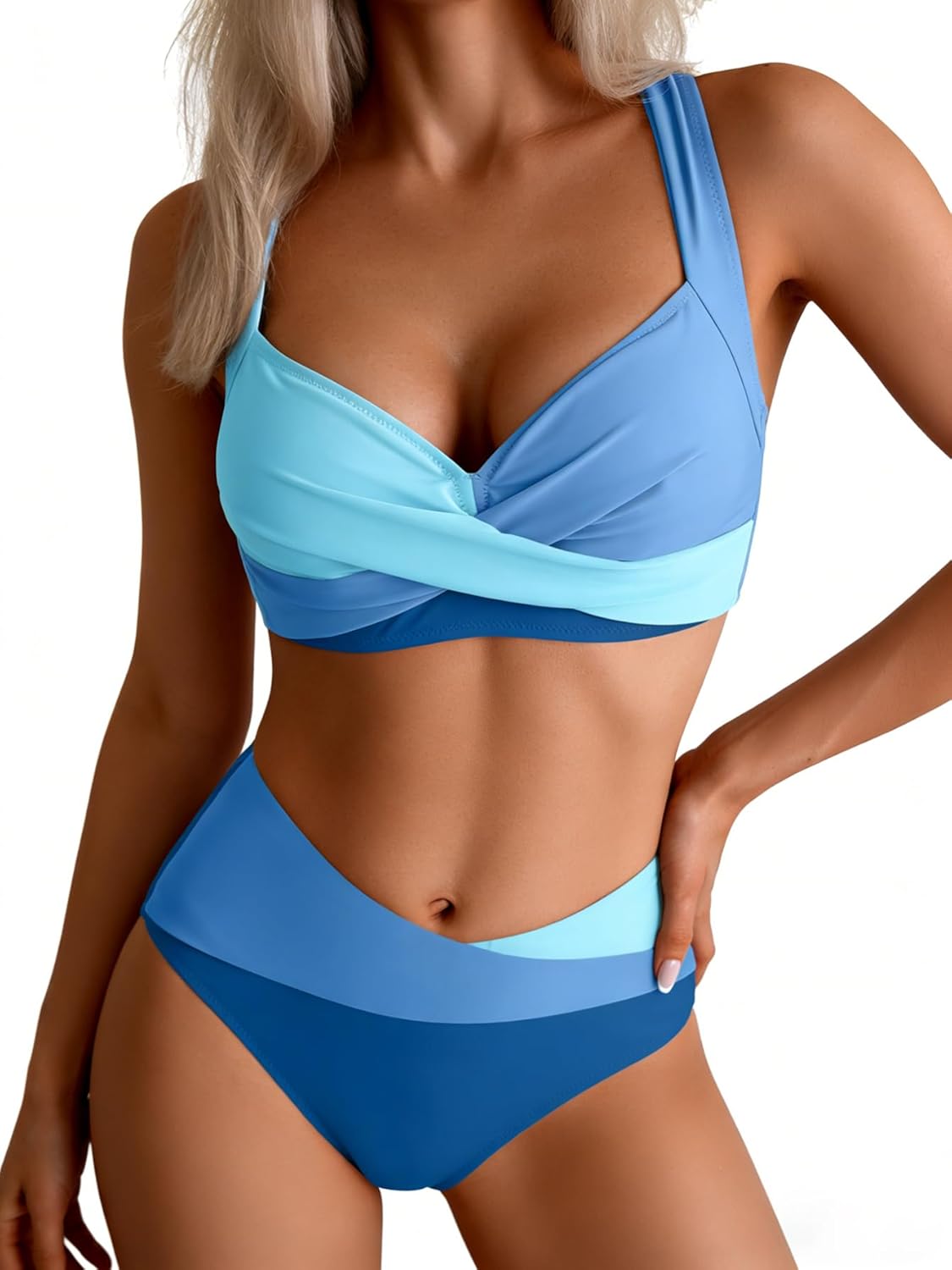 B2prity Bikini Sets for Women Two Piece Swimsuit Mid Rise Color Block Bathing Suit Tie Back Swimwear