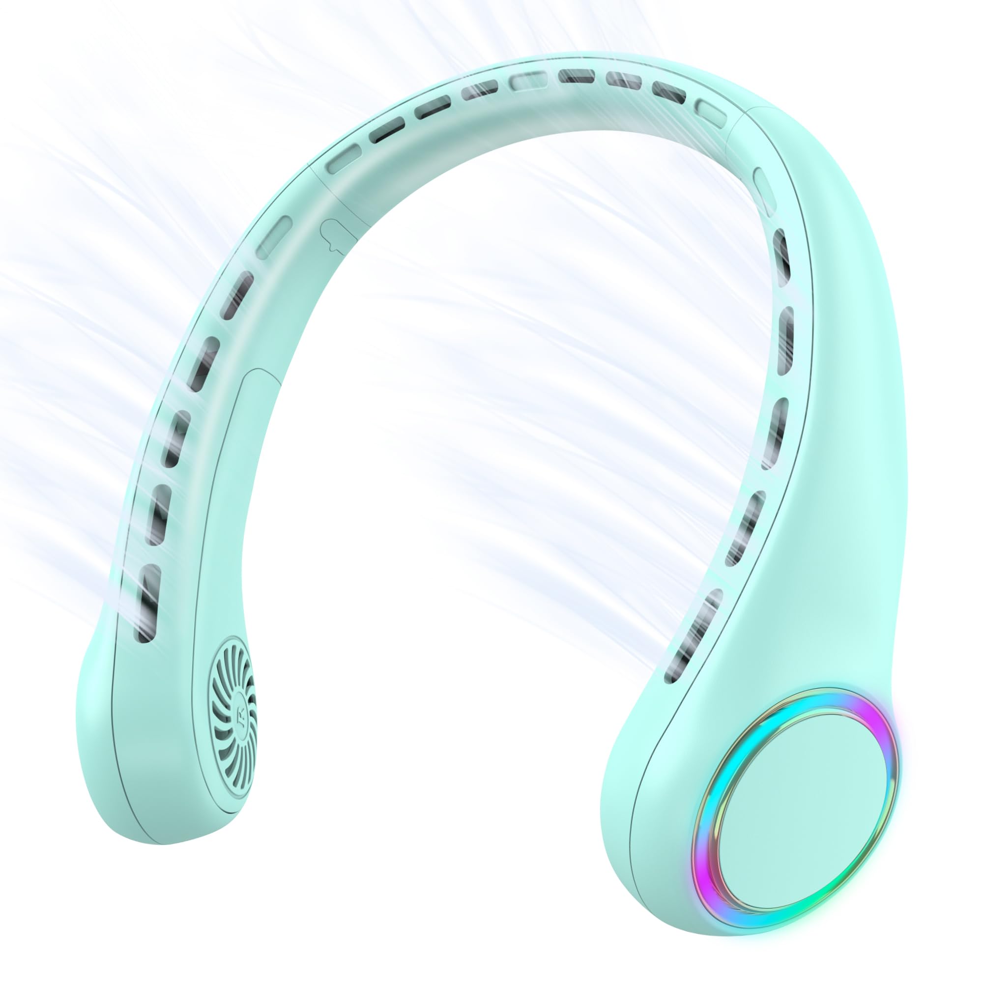Photo 1 of GULAKI Portable Neck Fan, Personal Fan with 4000mAh Battery, Rechargeable Neck Fan with 3 Speeds and 64 Cool Lights, Birthday Gifts for Men Women Mom Dad, Hands Free Cooling fan for Summer(Green)