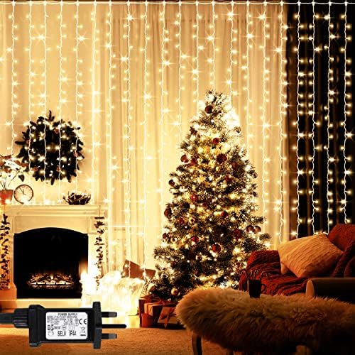 ANSIO Curtain Lights Indoor 3m x 3m with 304 LED Christmas Curtain Fairy Lights Outdoor, 8 Modes Hanging Lights for Window, Bedroom Wall, Garden, Party Decorations - Warm White Plug in Lights