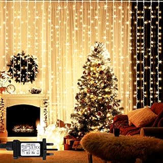 ANSIO Curtain Lights Indoor 3m x 3m with 304 LED Christmas Curtain Fairy Lights Outdoor, 8 Modes Hanging Lights for Window, Bedroom Wall, Garden, Party Decorations - Warm White Plug in Lights