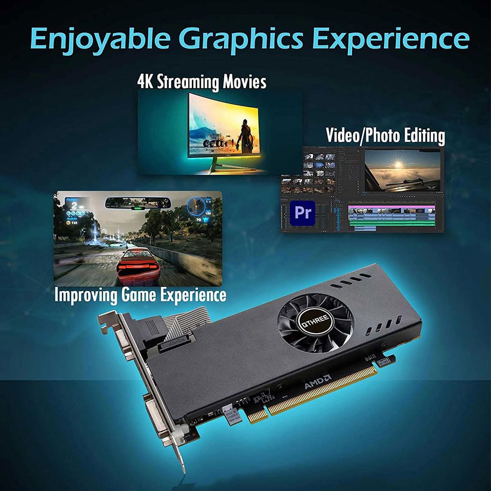 QTHREE Radeon RX 550 Low Profile Grafikkarte, 4GB GDDR5 128-bit, DVI-D, HDMI, VGA, PCI Express x8, Desktop Gaming Grafikkarte für PC, DirectX 12, Computer GPU