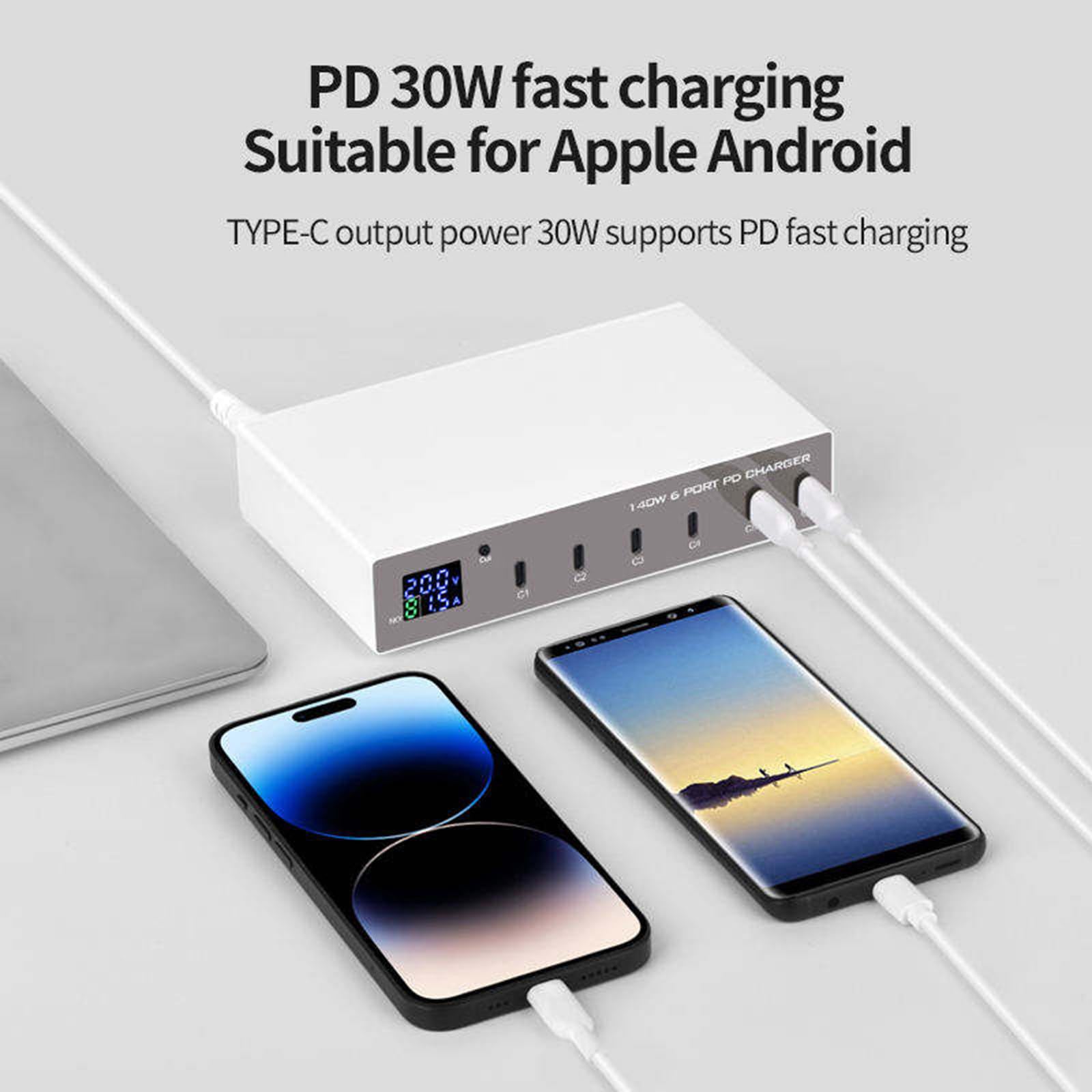 Caricabatterie PD a 6 Porte 140 W più Porte USB per Telefono, Notebook, Tablet, Adattatore per Caricabatterie per Telefono QC3.0 PD3.0, Stazione di Ricarica Rapida da 30 W