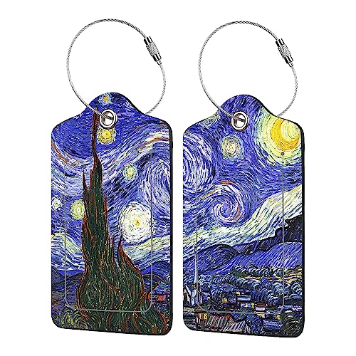 EOBKLAX 2 Pack The Starry Night Luggage Tags for Suitcases,Starry Night Van Gogh Leather Baggage Suitcases Tag Name ID Label Privacy Cover Travel Bag Tags for Women Men Boys Girls