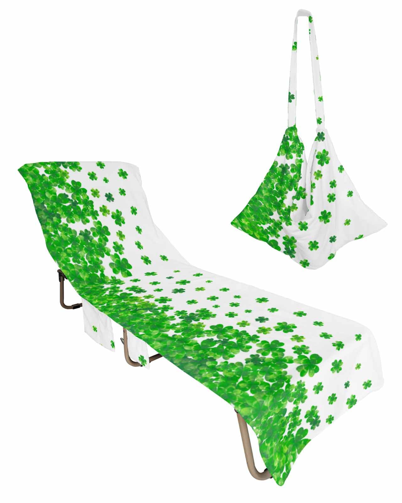 Green St. Patrick's Day Beach Lounge Chair Towel Cover, Soft Chaise Lounge Towel with Side Pockets Patio Pool Chairs Cover for Beach/Pool Sunbathing 29x85 Lucky Clover Watercolor Botanical