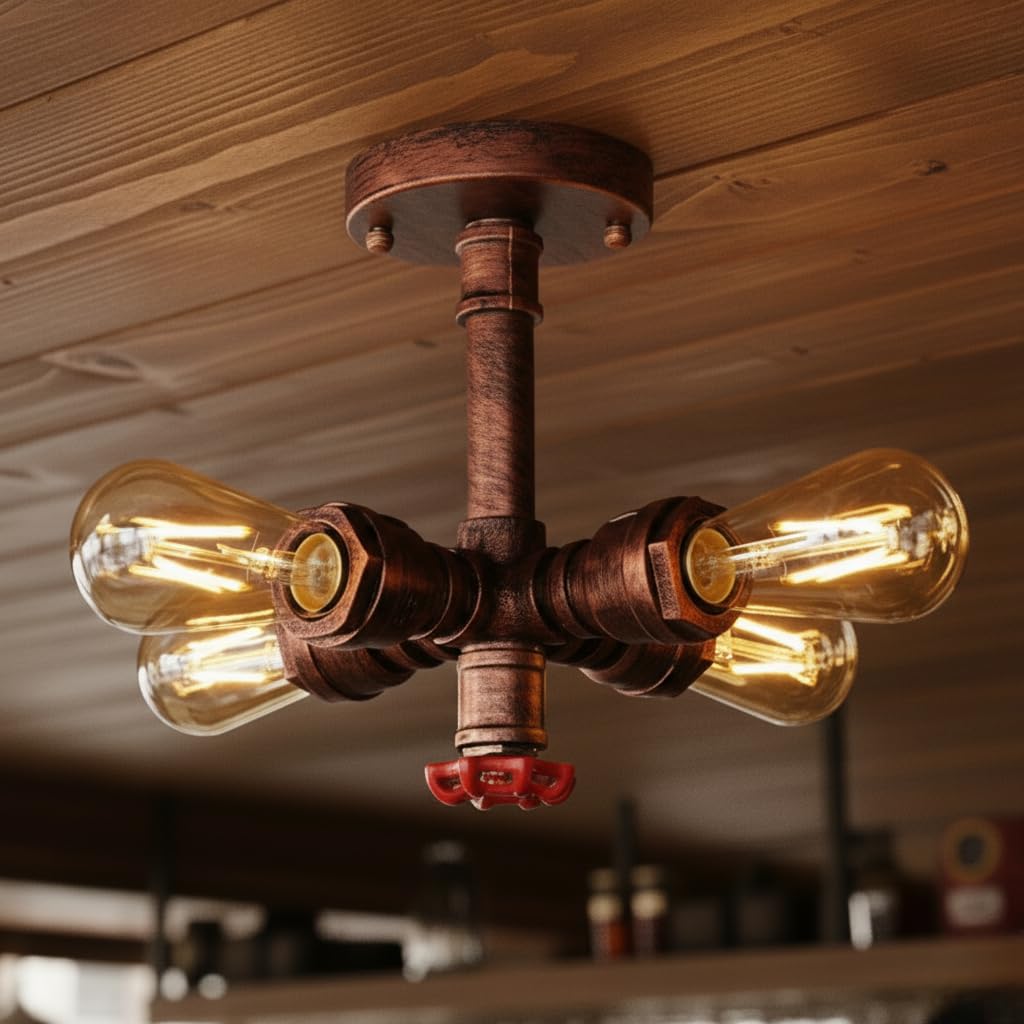 Industrial Pipe Chandelier Ceiling Light, 4-Light Vintage Steampunk Metal Water Pendant with E27 Edison Bulbs, Rustic Hanging Lighting Fixture for Kitchen, Dining Room, Cafe, Bar (Rustic Red)