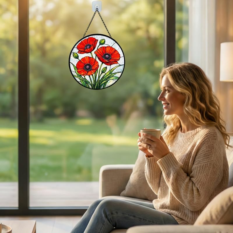 Stained Glass Window Hanging Suncatcher 11.8 in Red Poppy Flower Colorful Glass Panel Sun Catcher for Window， Flower Window Hanging Decor for Home， Housewarming Gift