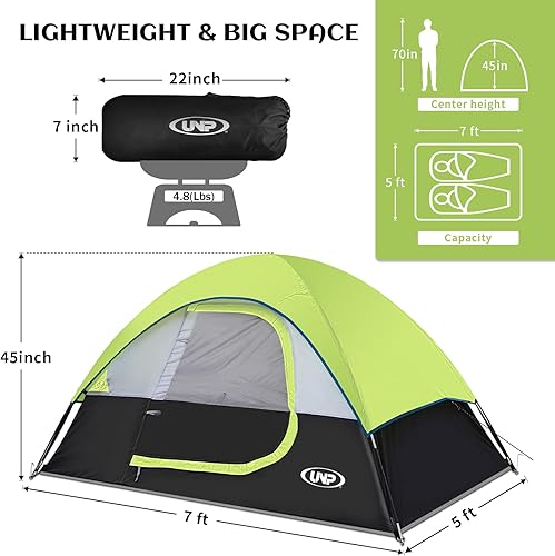 Vista 2 de Camping Tent 2 Person, Waterproof Windproof Tent with Rainfly Easy Set up-Portable Dome Tents for Camping Verde fluorescente
