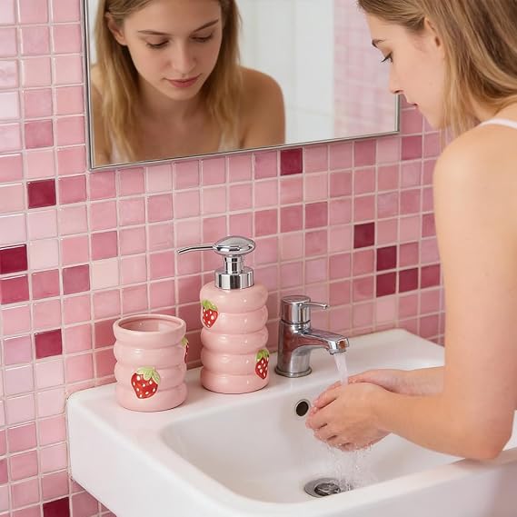 Pink Bathroom Accessories Set, 2PC Strawberry Soap Dispenser & Toothbrush Holder Set, Ceramic Bathroom Set, Cute Pink Bathroom Decor for Home, Housewarming Gifts