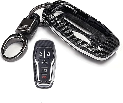 Xotic Tech - Carcasa para llavero con diseño de fibra de carbono, color negro brillante, con llavero, compatible con Ford Fusion Mustang F-150