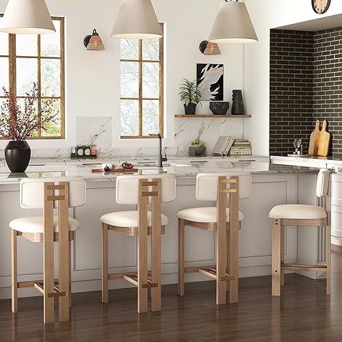 26" Farmhouse Bar Stools Set of 4, Modern Armless Counter Height Kitchen Stools, Linen Upholstered Bar Chairs with Natural Wooden Legs, French Country Stools for Kitchen Island, Beige