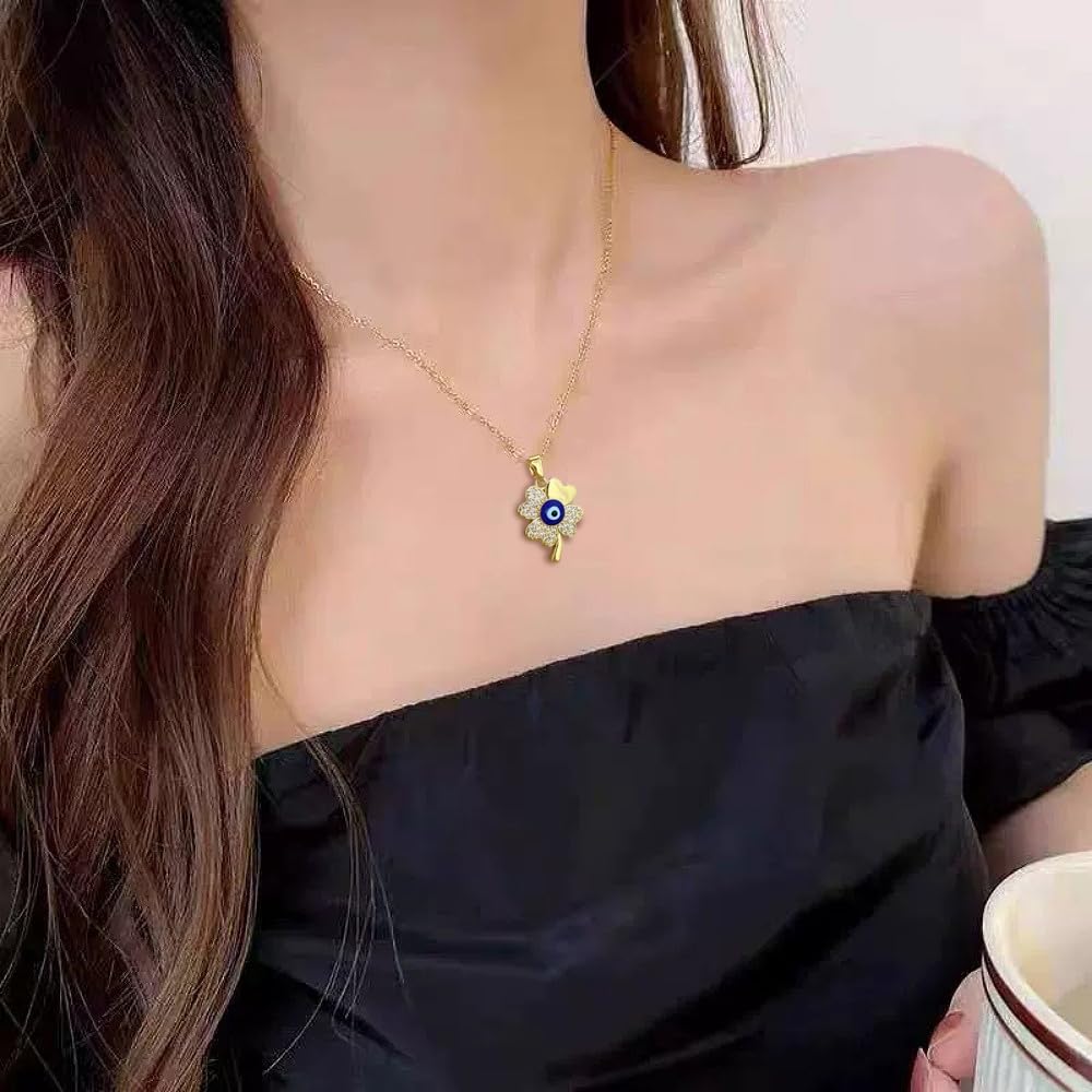 Boho Clover Leaf Evil Eye Pendant Necklace for Women Gold Plated Adjustable Crystal Blue Devil Eyes Charm Choker Chain Necklaces Dainty Luck Protection Birthday Halloween Jewelry