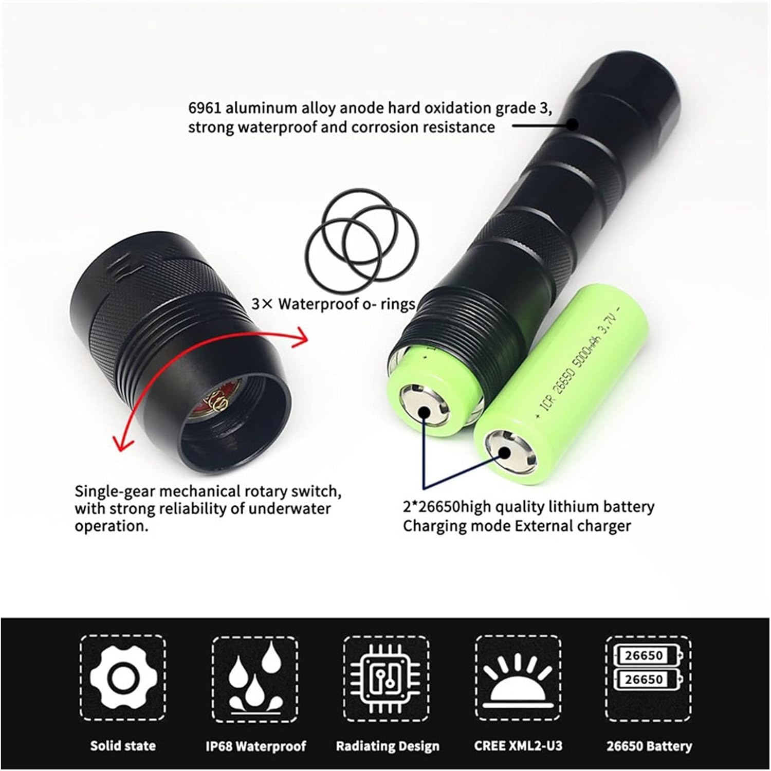 Scuba Diving Flashlight LED Diving Flashlight Wide 120 Degrees Beam Angle Diving Photography Video Light 1200/ XM-L2 U4 LED Underwater Torch (Emitting Color : H68 BT BC Size : 1) (H68 Bt Bc 1)
