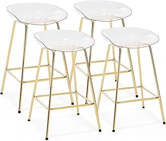 26" Counter Height Bar Stools Set of 4, Modern Backless Barstools with Clear Plastic Seat for Kitchen Island Breakfast Island Stools Bar Chairs, Gold Metal Legs