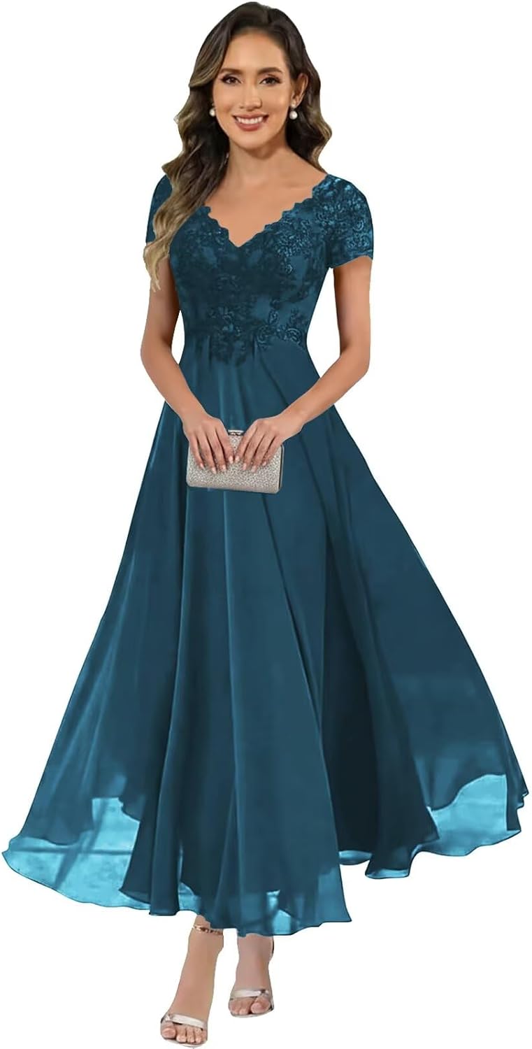 Lace Applique Mother of Bride Dresses Tea Length Formal Cocktail Dress for Women Wedding Guest Chiffon Evening Gown