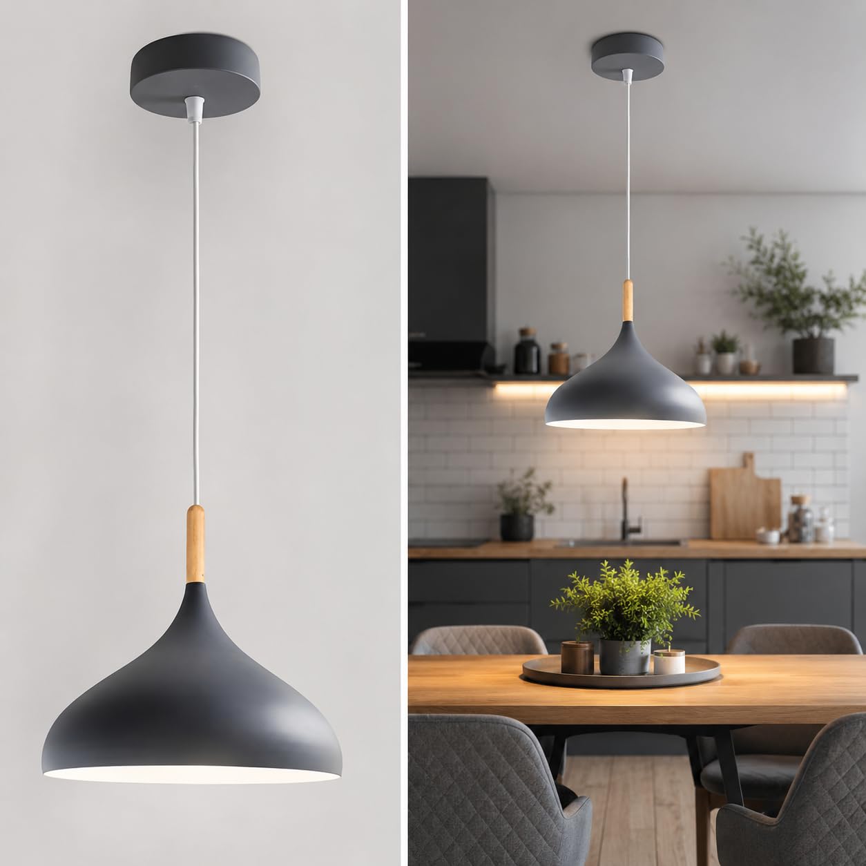 Ledsone Grey Modern Light Pendant Ceiling Lamp Adjustable Height Metal Shades 31.5Cm Bar Nordic Style Hanging Fixture For Dining Room, Kitchen Island, Living Room, Bedroom