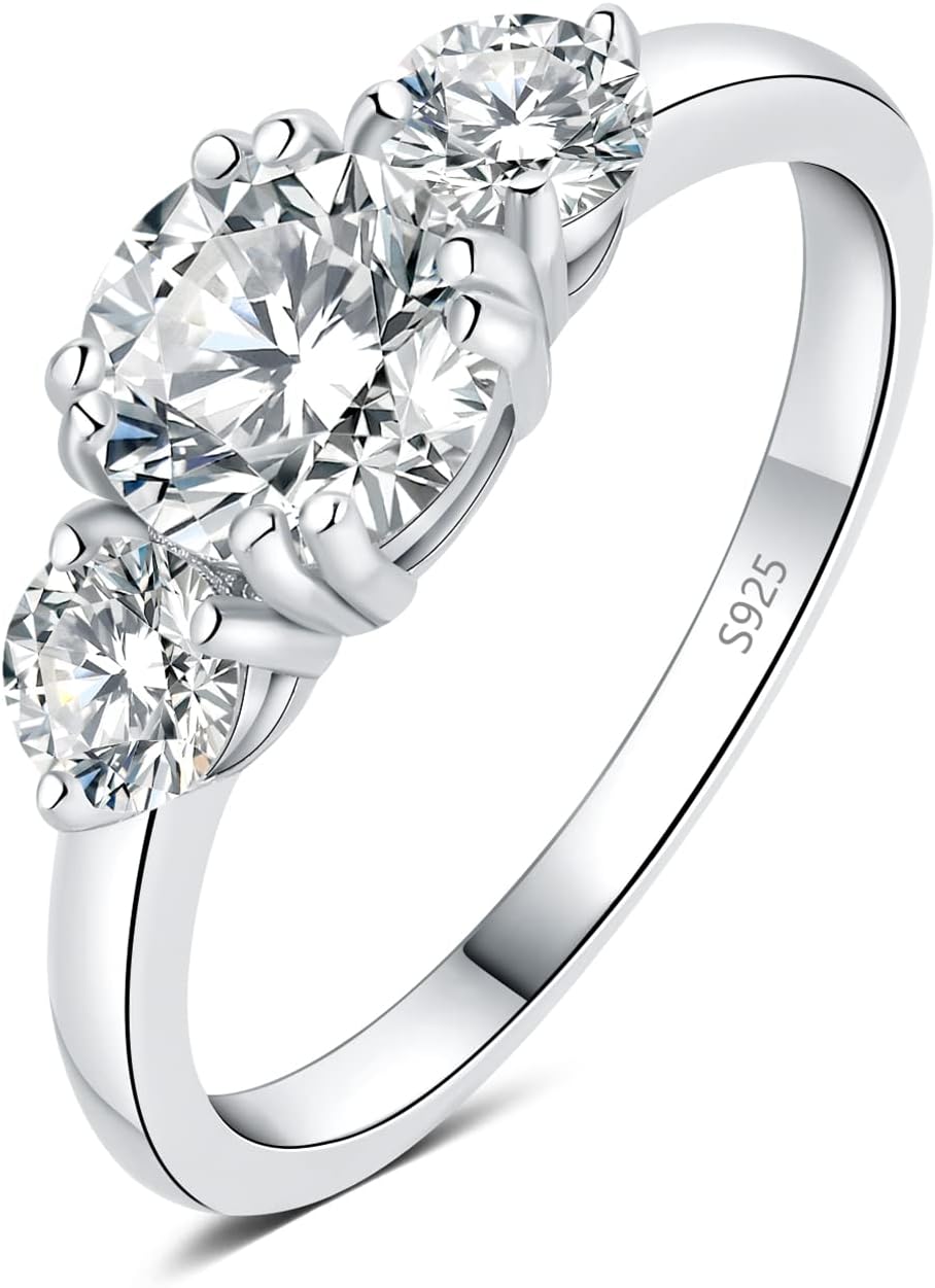 JewelryPalace Classic 1ct 3 Stone Moissanite Solitaire Engagement Rings for Women, 925 Sterling Silver 14K Gold Promise Ring for Her, Round Cut Simulated Diamond Wedding Rings H-J Size 5-10