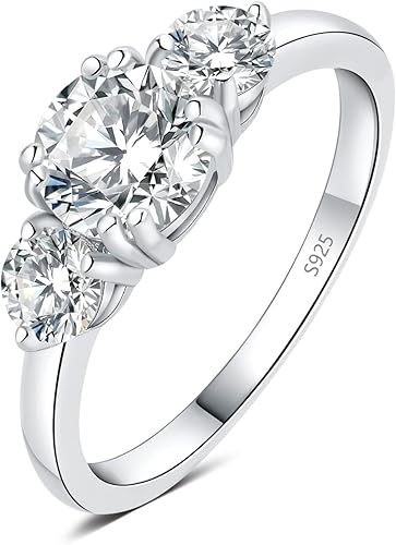 JewelryPalace Classic 3 Stones Cubic Zirconia Engagement Rings for Women, 925 Sterling Silver 14K Gold Plated Promise Ring for Her, Round Cut