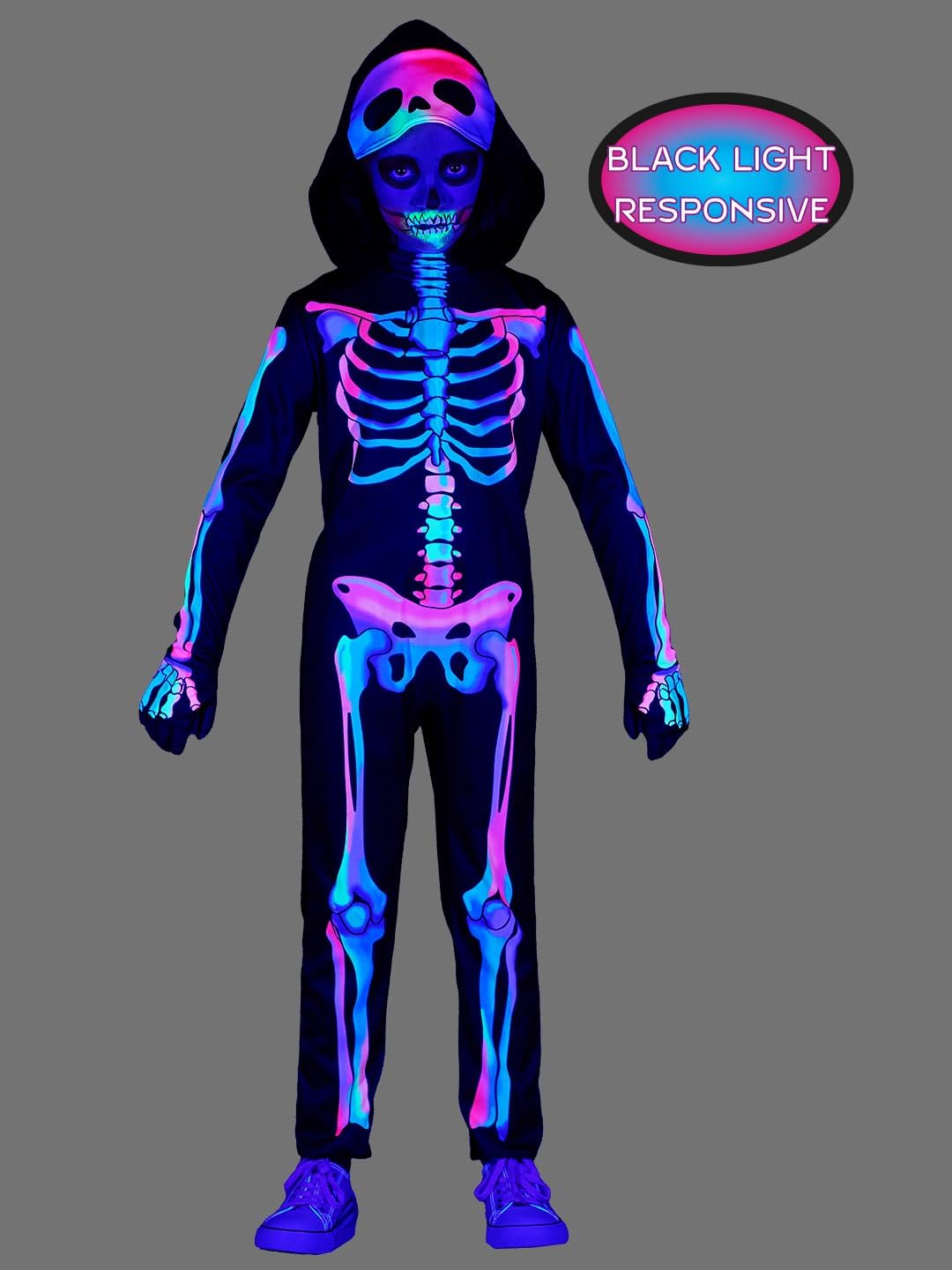 Kids Rainbow Skeleton Costume, Colorful Hooded Jumpsuit for Boys and Girls Halloween Party, Blacklight Responsive By UV Light