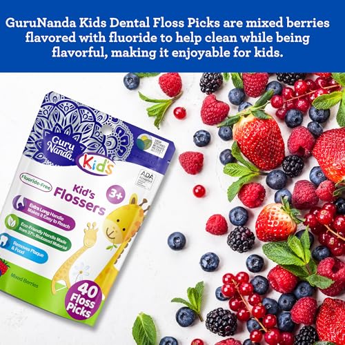 Image of GuruNanda Dental Floss Picks for Kids, Extra-Long Giraffe-Shaped Picks, Fluoride-Free, Anti-Slip & Shred-Resistant Design & Eco-Friendly Handle & Berry Flavor, Ideal for Ages 3+, 40 Count (Pack of 1)