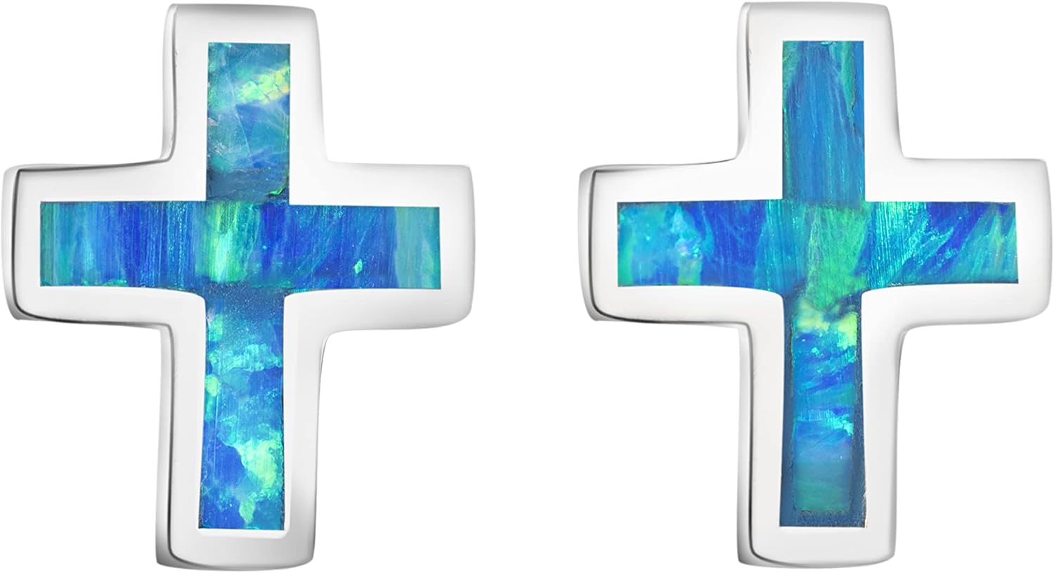 925 Sterling Silver Holy Cross Studs Earrings, Blue White Opal, Mother of Pearl, Nickel Free Hypoallergenic for Sensitive Skin, God Jesus Lord Hope, Gift Box Included