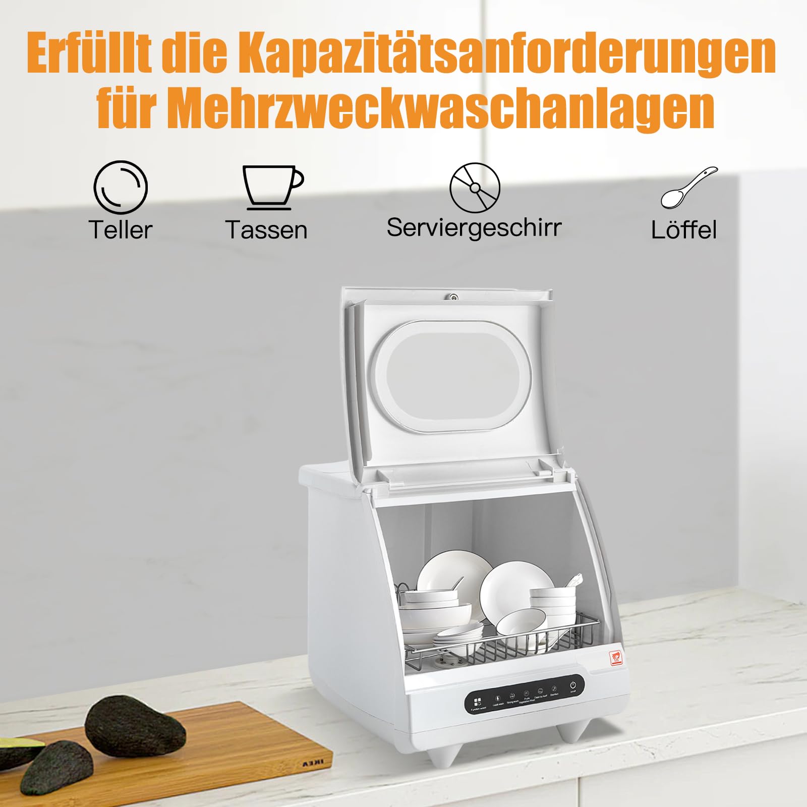 Mini Geschirrspüler - 800W Tischgeschirrspüler mit zwei Spülmodi, Selbstreinigend mit 5L Wasserverbrauch, Leise (55 dB), Kleine Spülmaschine für Wohnheim, Küche, Imbiss (Weiß)