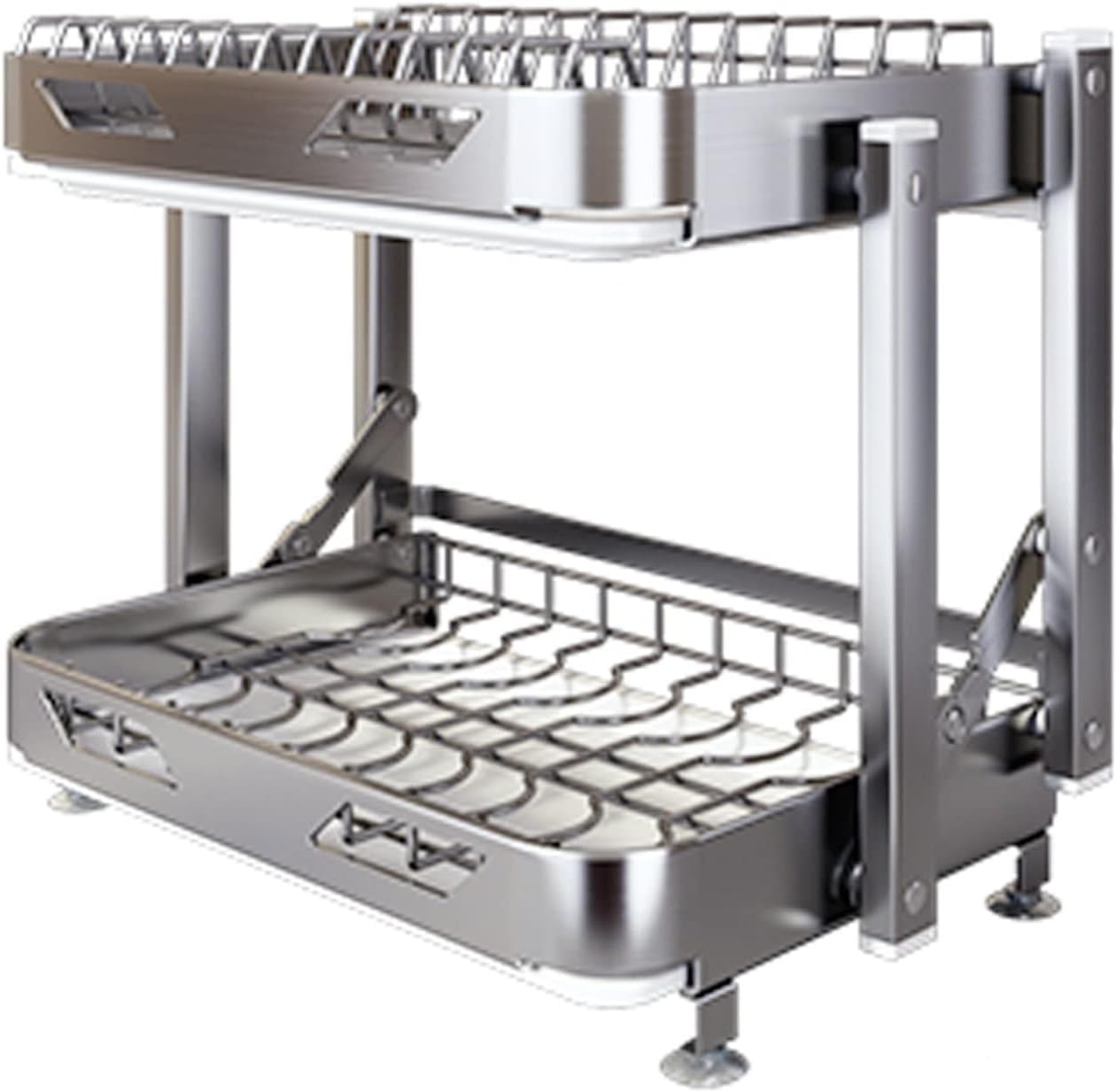 Escurridor de platos de acero inoxidable, estante de secado plegable de 2/3 niveles con tabla de drenaje, soporte para utensilios de cocina que ahorra espacio y soporte para tabla de cortar para uso