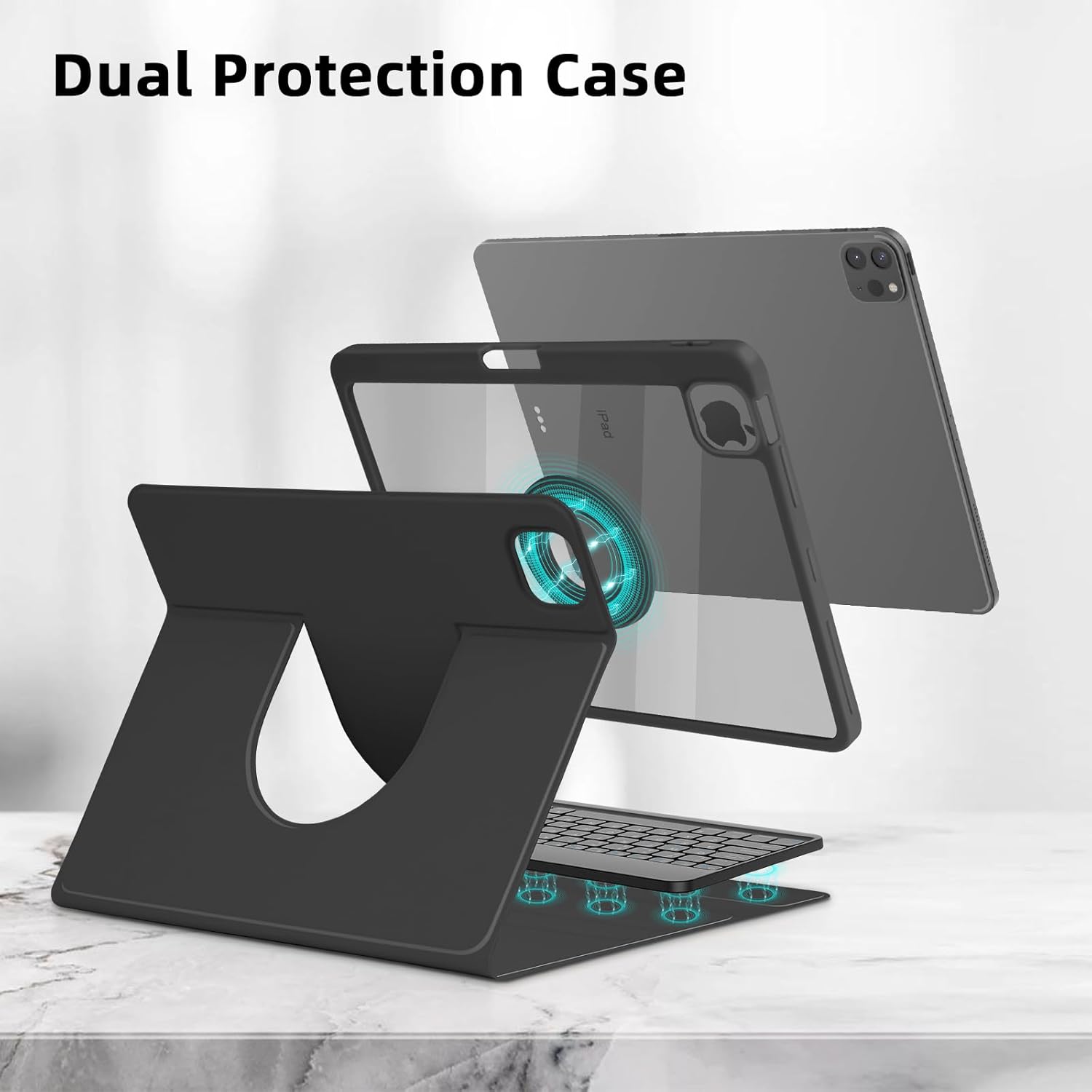 Bettdow Keyboard Case for iPad Air 13 inch M3 2025/M2 2024,iPad Pro 12.9 inch 6th/5th/4th/3rd Gen,360 Rotating Case and Magnetic Detachable Keyboard with Pencil Holder,Portrait/Landscape Modes-Black