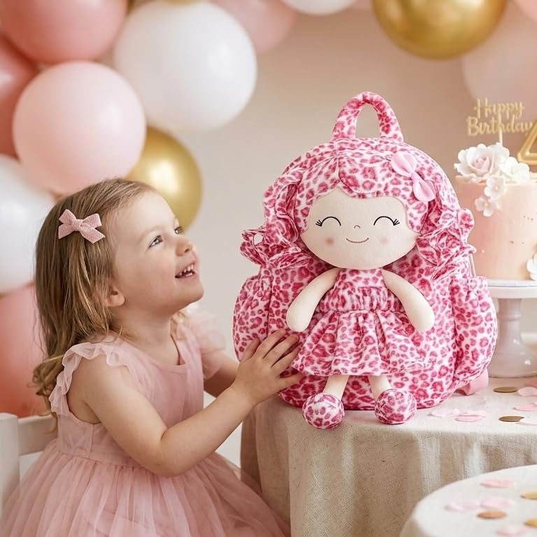 Image of Gloveleya Toddler Backpack Baby Girl Gifts Curly Hair Plush Doll Dress Backpack Kids Backpack Curly Hair Animal Edition - Pink and White Leopard 11''