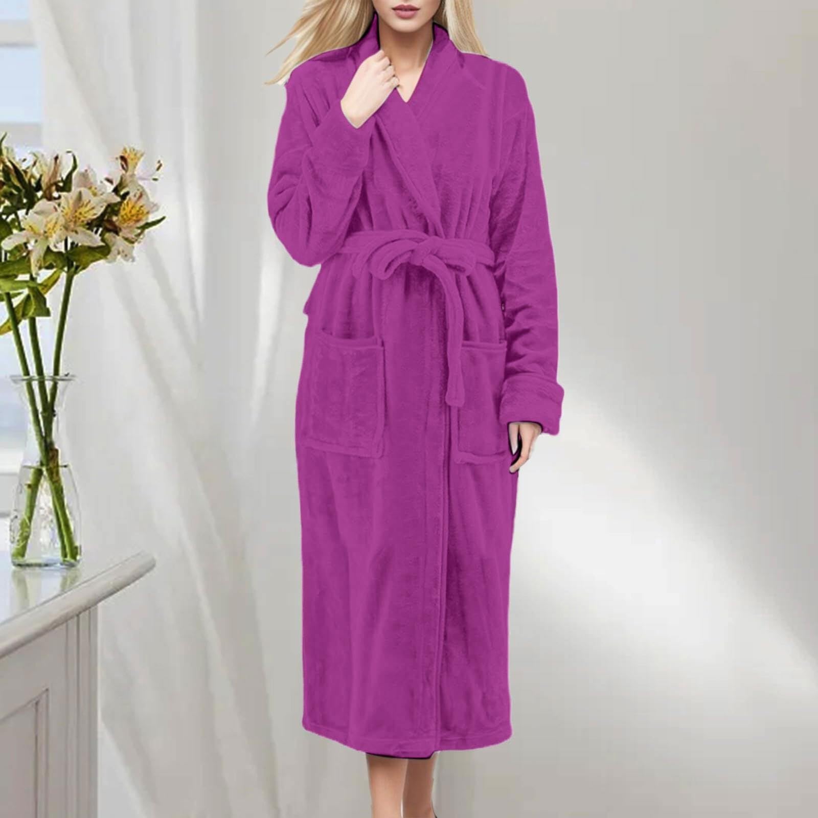 Generisch Albornoz largo para mujer, cómodo, de rizo, mullido, cálido, con bolsillos, bata de rizo elegante, monocolor, bata de manga larga, marrón, M