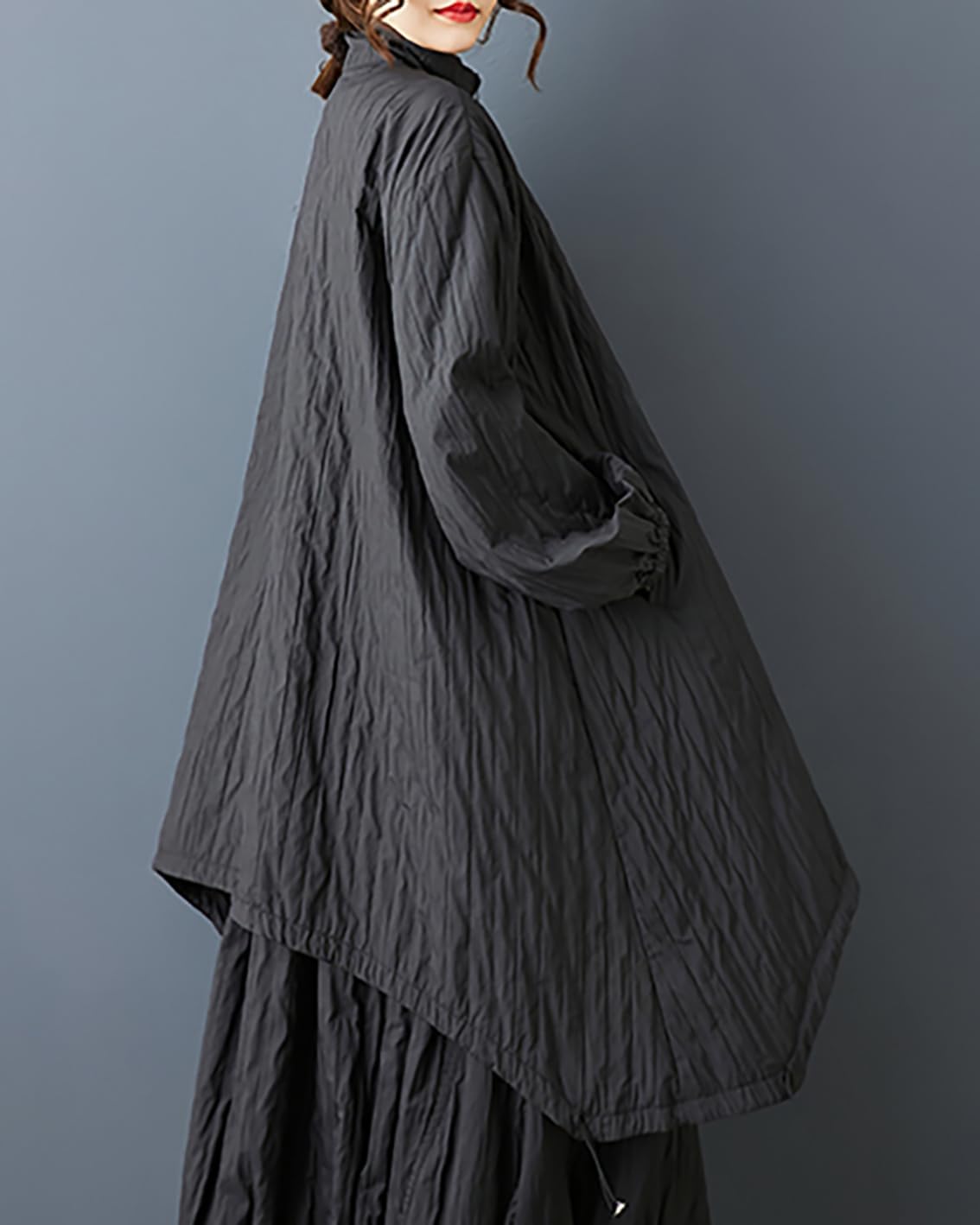 ellazhu Women's Coats Mock Neck Long Sleeve Oversize Zip Up Drawstring Solid Outerwear Side Pockets GZ653 A