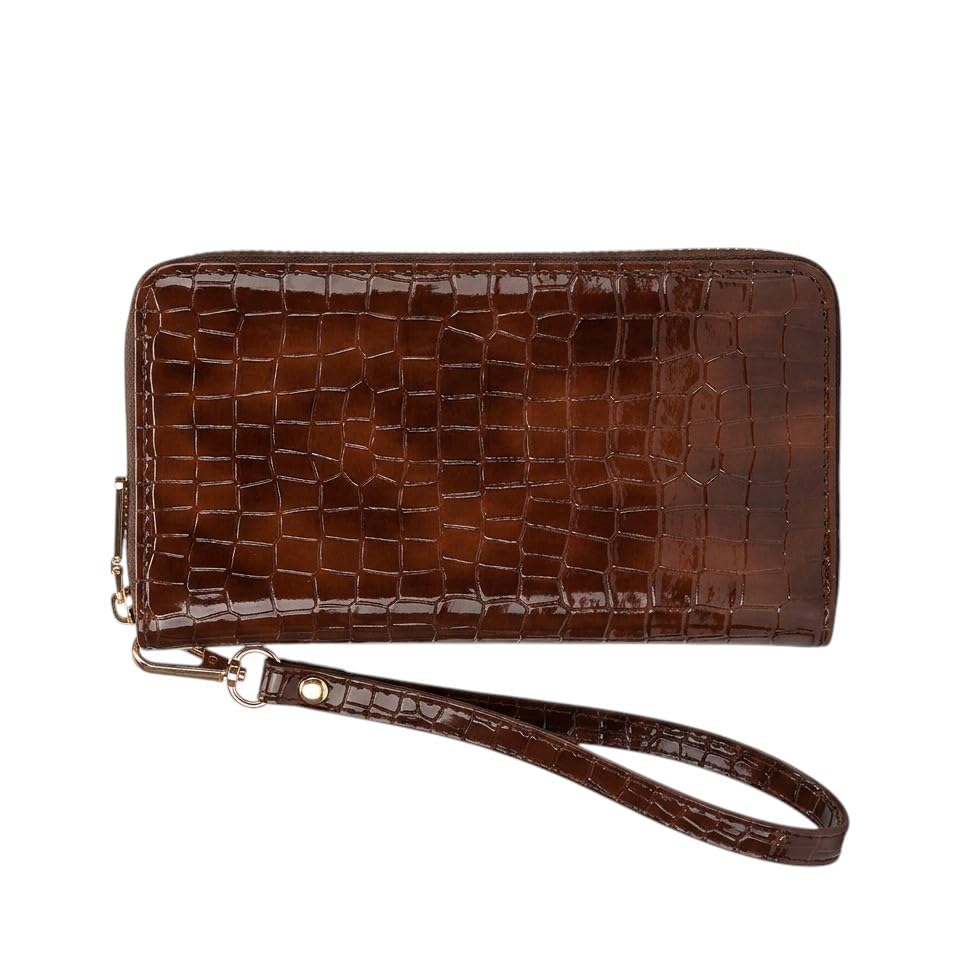 Beautiful Crocodile Pattern Double Zipper Long Wallet for Women and Girls, Luxury RFID Blocking PU Leather Wallet/Purse for Girls with Attached Strap (Brown)-image-41