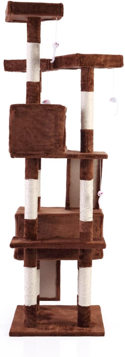 JAXPETY 67 Inches Multi-Level Cat Tree Tower Stand, Kitten Play House Furniture Kitty Activity Center with Scratching Posts, Ladder (Brown)