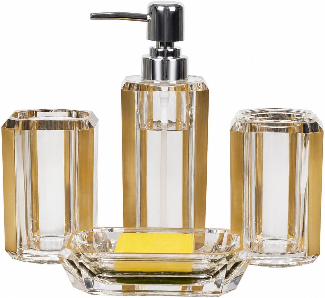 4-Piece Gold Bathroom Accessories Set — Soap Dispenser, Soap Dish, Mouthwash Cup & Toothbrush Holder, Acrylic with Brushed Gold Accent, Luxury Vanity Countertop Organizer