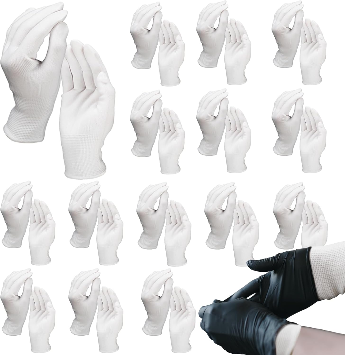 Cutecrop 30 Count Nitrile Glove Liners for Eczema and Dry Hands Breathable Nylon Work Gloves for Gardening Household Cleaning Labor Kitchen Working