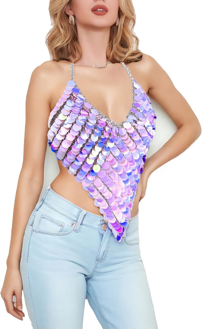 Sexy Sparkly Tops for Women Glitter Sequin Halter Top Chainmail Shirt Sparkle Disco Clubbing Outfits Chain Metallic Top