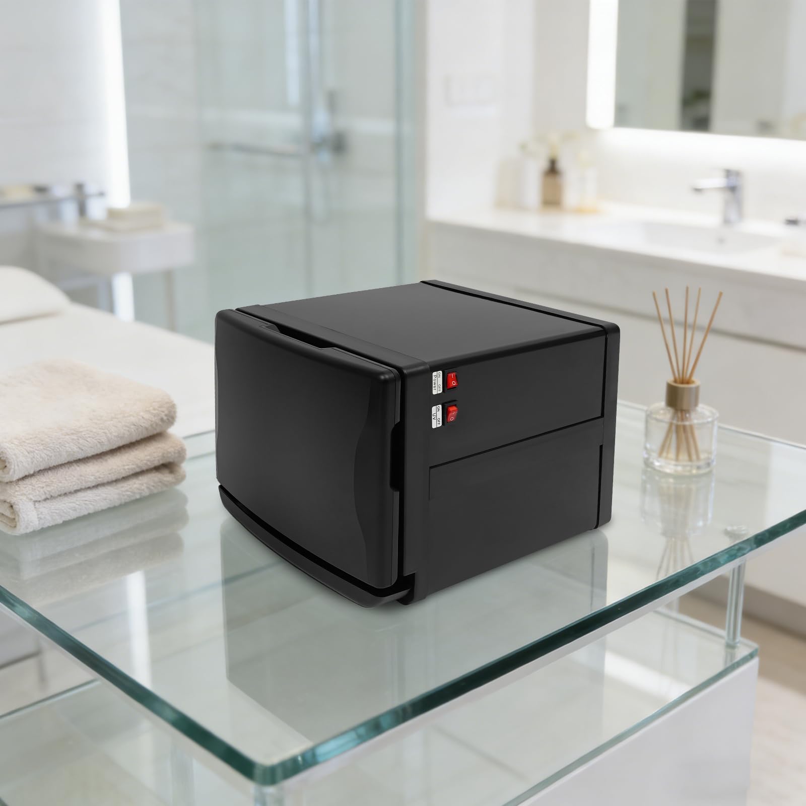 8L Handtuchwärmer, Handtuchwärmeschrank 130W mit Desinfektion für Salon&Spa | Aluminiumlegierung, Edelstahl, schwarz, 30.5x30.5x24.5cm, 8L Fassung, Korb enthalten, für Haus, Beauty, Wellness, Hygiene