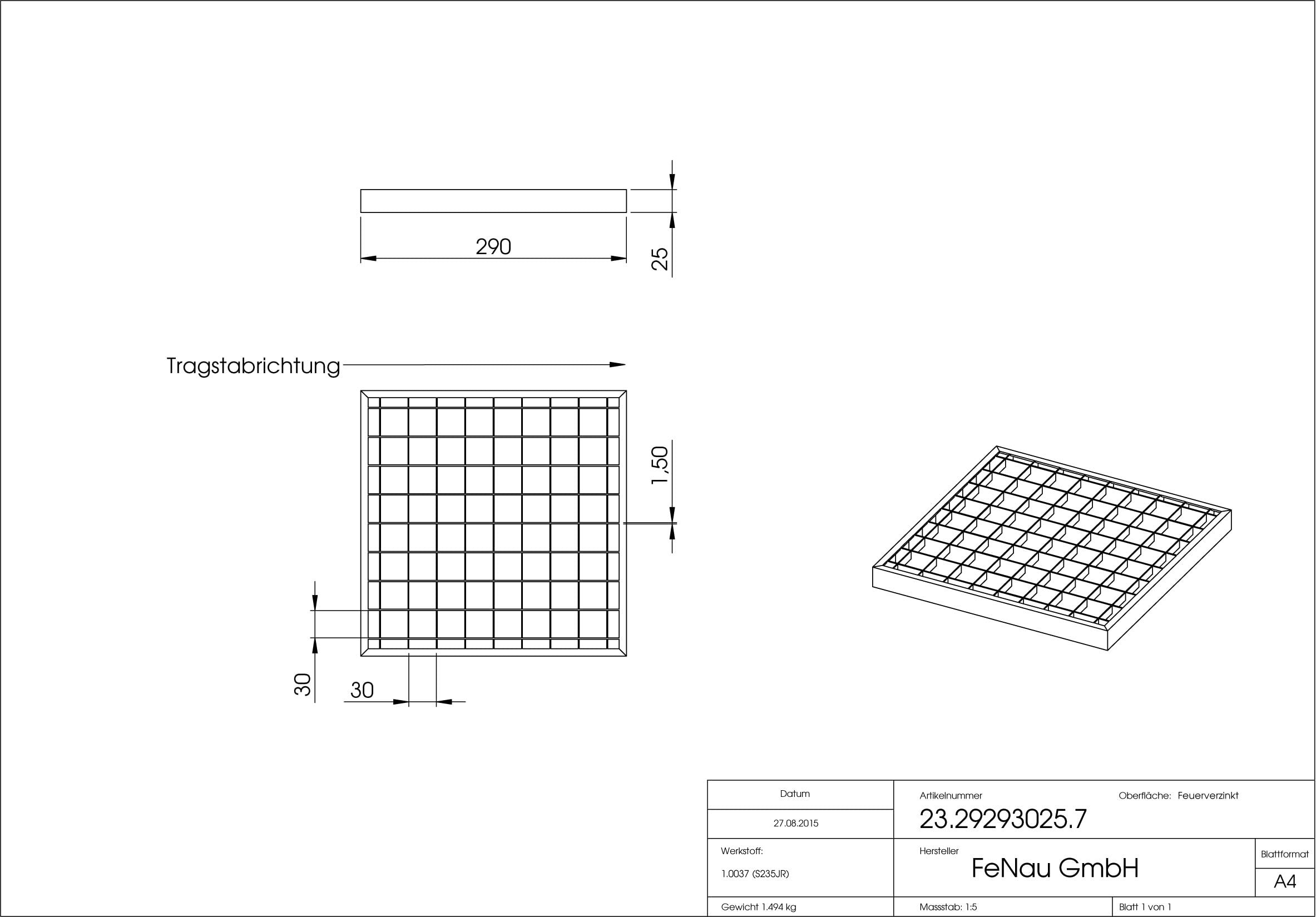 Fenau | Rejilla de acero piso Dimensiones: 290 x 590 x 20 mm - MW: 30 mm / 30 mm (galvanizado en caliente) (Apto para marco: Fenau 300 x 600 x 23 mm)